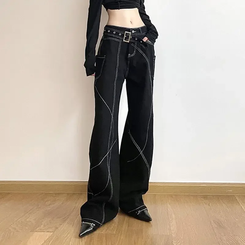 Deeptown Y2k Gothic hitam Jeans wanita Harajuku kaki lebar lurus celana Denim Fashion Korea ramping Streetwear musim gugur celana Punk