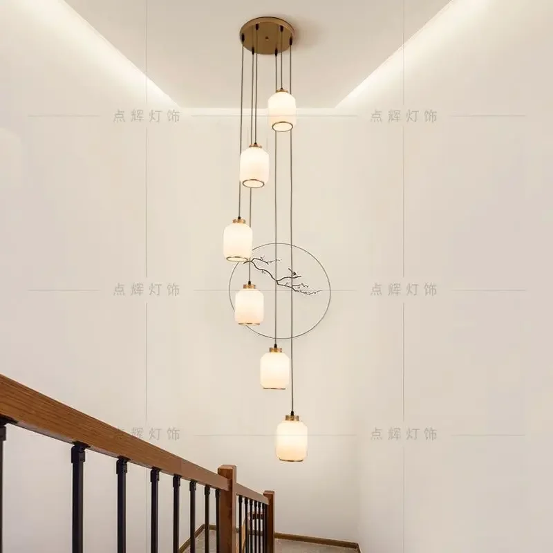 Staircase chandelier, new Chinese style ultra long villa duplex building, minimalist suspended ceiling, sloping long chandelier