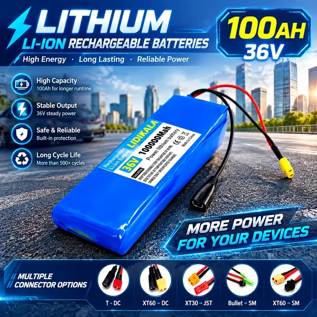 Batteria ricaricabile agli ioni di litio da 36 V e 100 Ah, configurazione 10S1P, con scheda di protezione BMS integrata, nuova batteria ad alte prestazioni per hoverboard, monopattino elettrico e