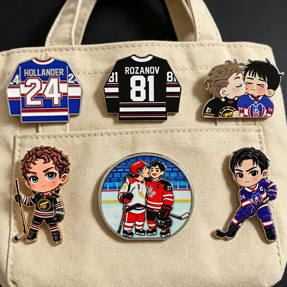 6pcs/Set Heated Rivalry Canadian TV Show Ename Pins Cartoon Q Version Rozanov Hollander Ice Hockey Athlete Brooch Enamel Pins