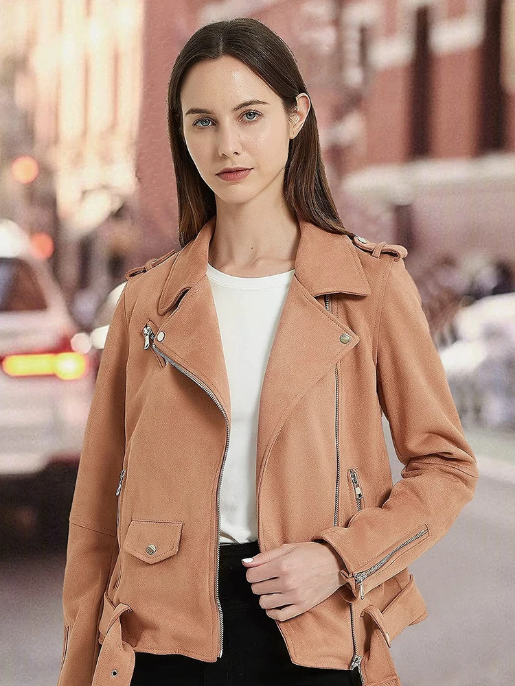 Giolshon Spring Autumn Women Faux Suede Jacket Ladies Solid With Belt Zipper Biker Coat Female Casual Outwear jaqueta de couro