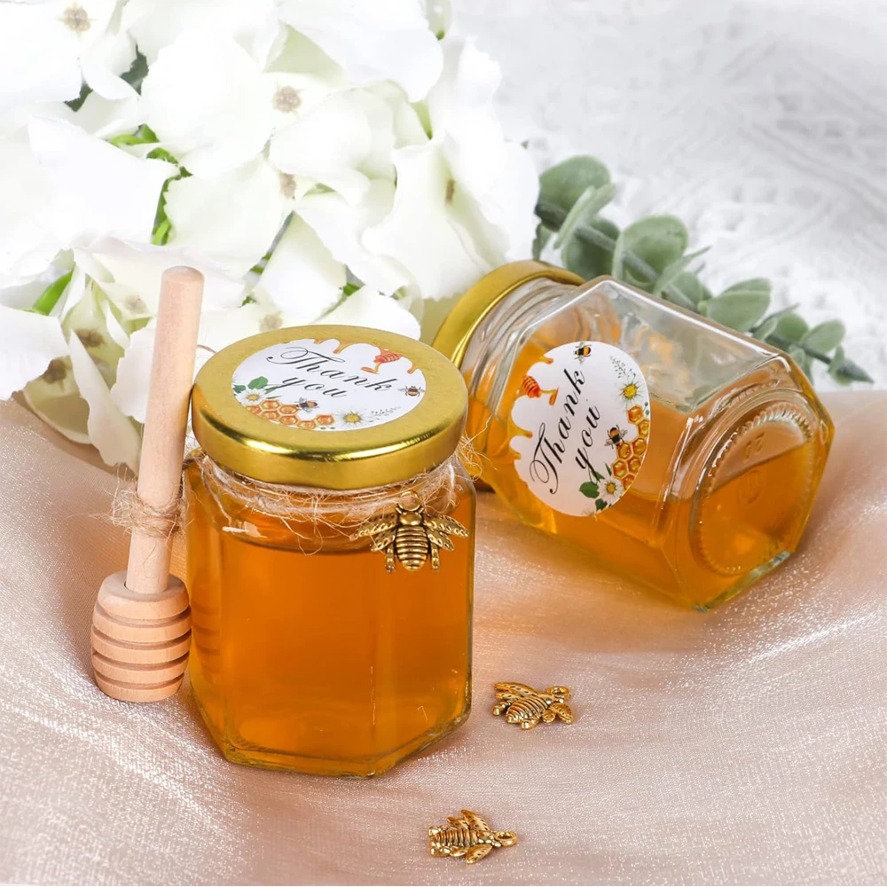 3oz Mini Honey Jars with Dipper, Empty Glass Jars for Baby Shower Favors/Wedding Favors Mini Jars with Wooden Dippers