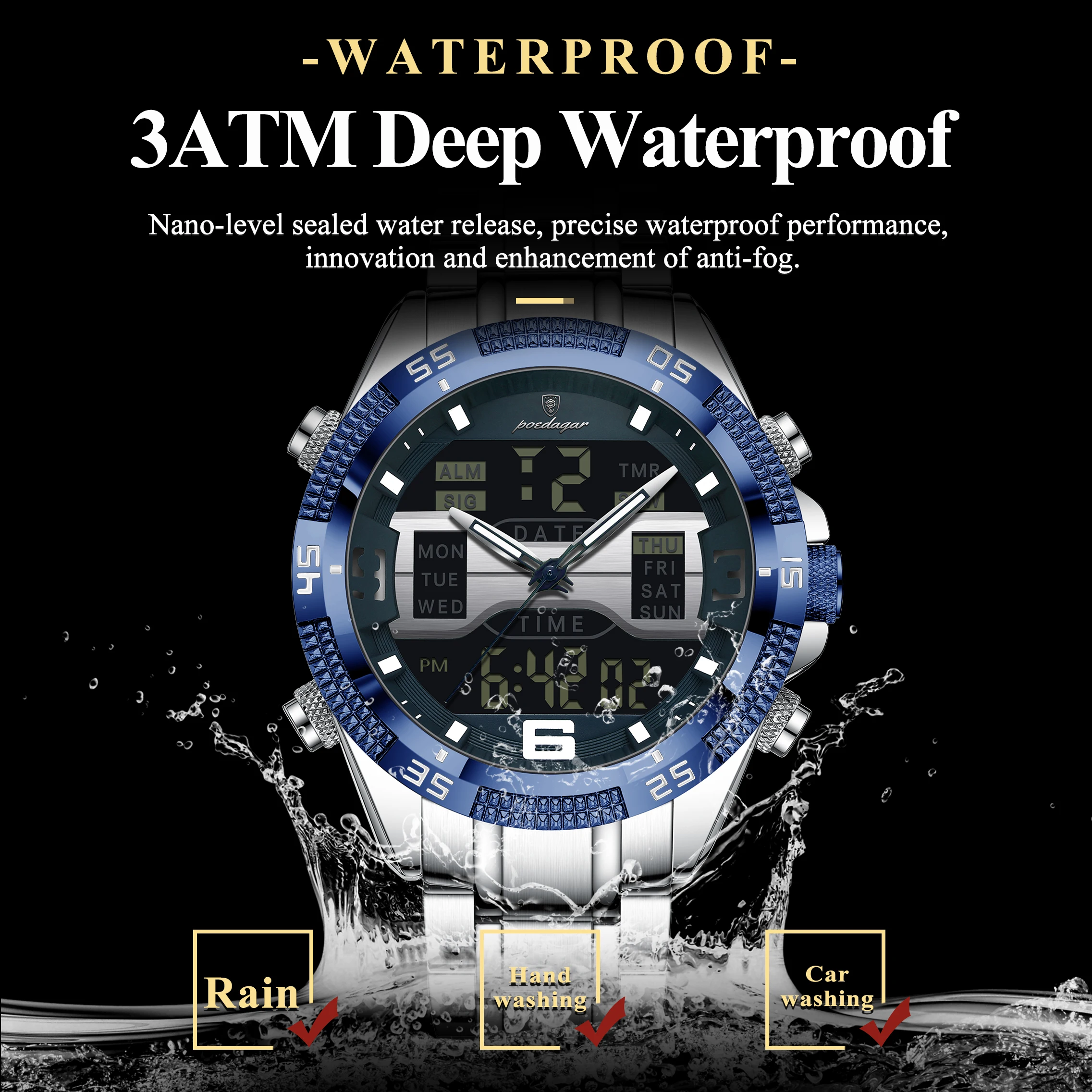 POEDAGAR Orologio da uomo di marca di lusso Impermeabile LED Settimana Data Orologio da uomo al quarzo moda Orologi da uomo elettronici digitali sportivi alla moda