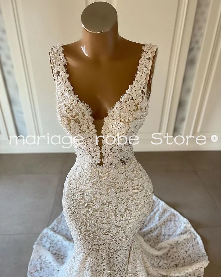 فساتين زفاف الشاطئ الحديثة الخامس الرقبة حورية البحر الدانتيل اللؤلؤ أكمام الكشكشة قطار مصلى البلد ثوب الزفاف الزي حسب الطلب