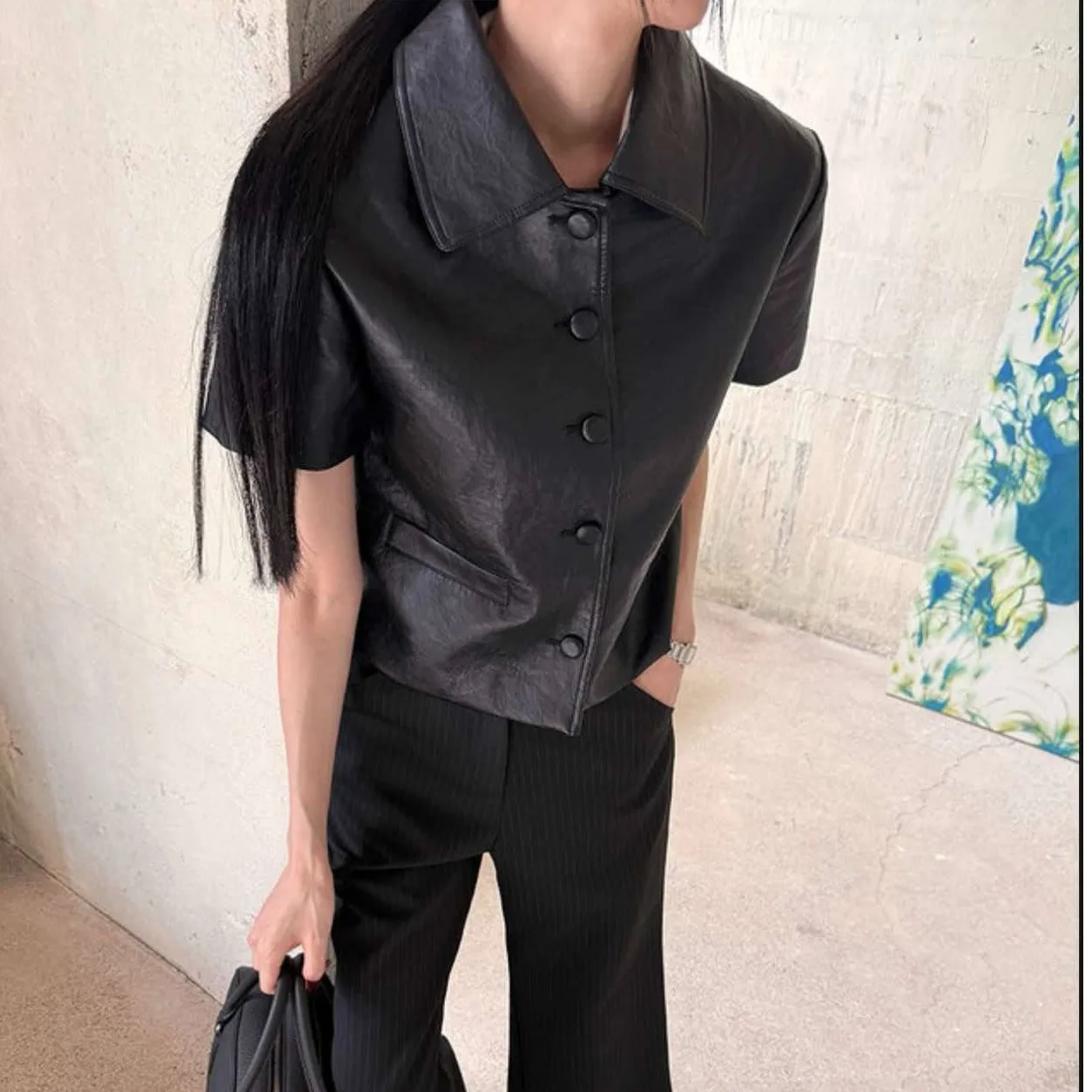 Fashionable Casual Style Retro Lapel Shoulder Length Leather Jacket Women's Autumn New Style Retro PU Top Women's Coat