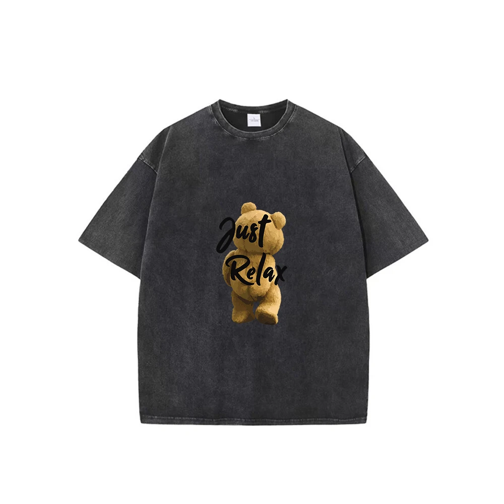 Tee-Shirt For Man Relax Bear Print 100% Cotton Oversize Summer Round Neck T-shirts Retro Casual Men Washed Short T-Shirt