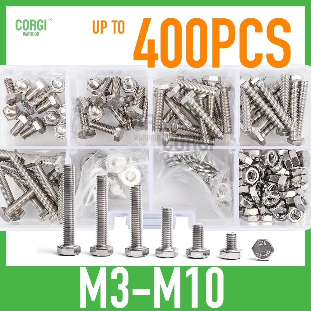 Hex Bolts Nuts Washers Assortment Kit Up to 400 Metric M3 M4 M5 M6 M8 M10 Stainless Steel Machine Screws Bolts Nuts Washers Set