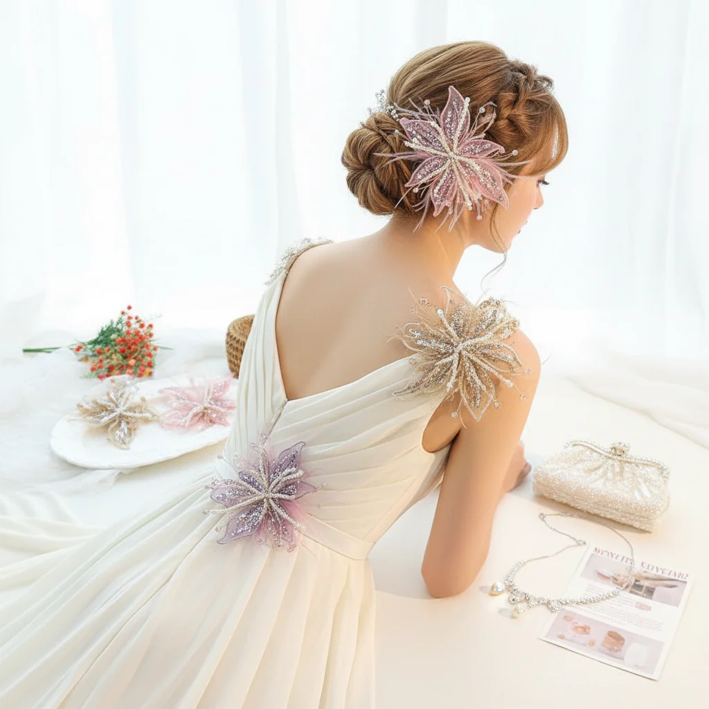 Feather Pearl 3D Organza Flower Patch Twisted Wire Crystal Flower DIY Sewing Decals Hand-made Lace Applique Decorative