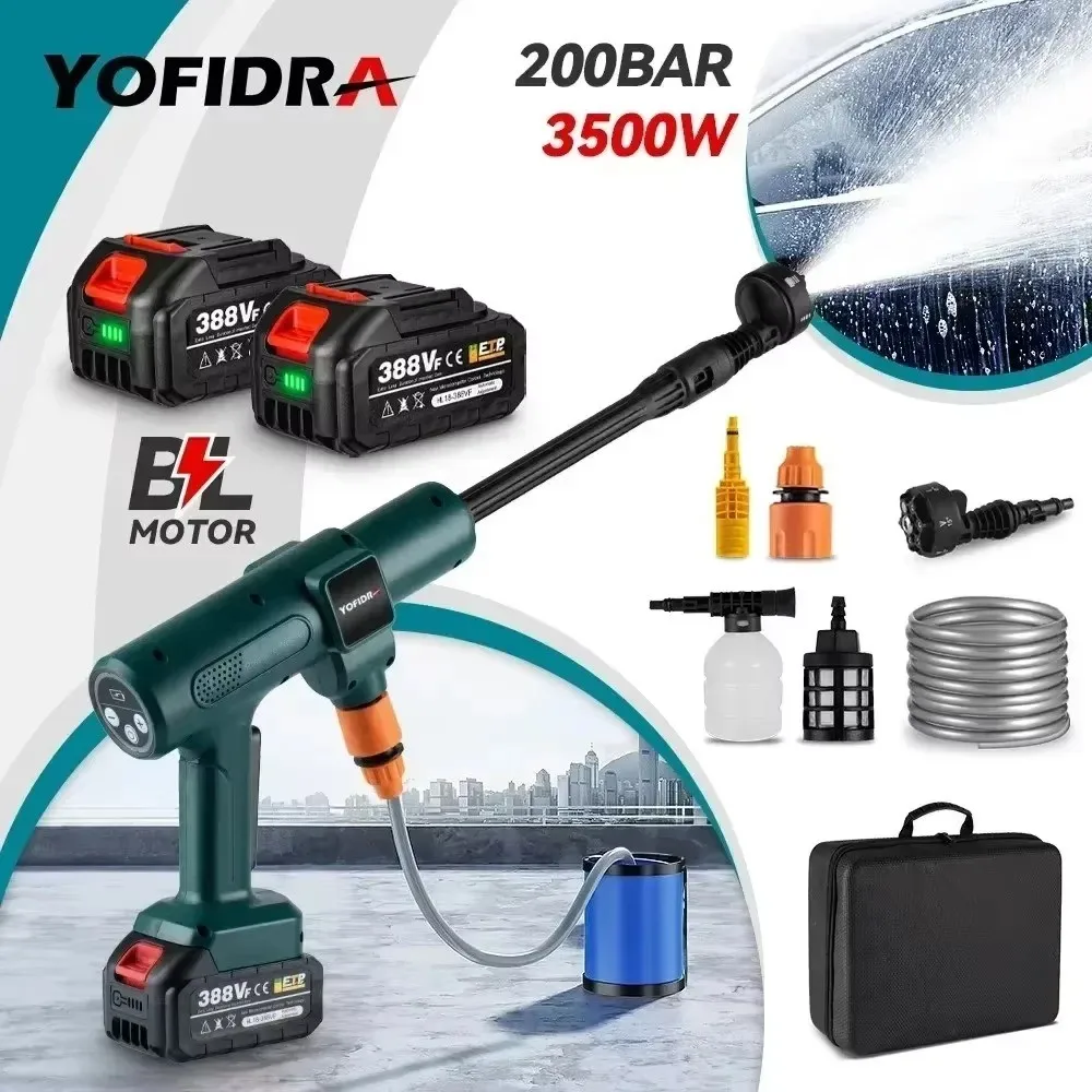 YOFIDRA 200Bar Brushless Electric Water Gun 6-in-1 Nozzles Car Cleaning Garden Watering Suit for Makita 18V Battery Spray Gun