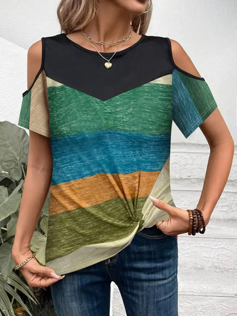 Women's round Neck Off-Shoulder T-Shirt Short Sleeve Twisted Hem Loose Casual Versatile Top