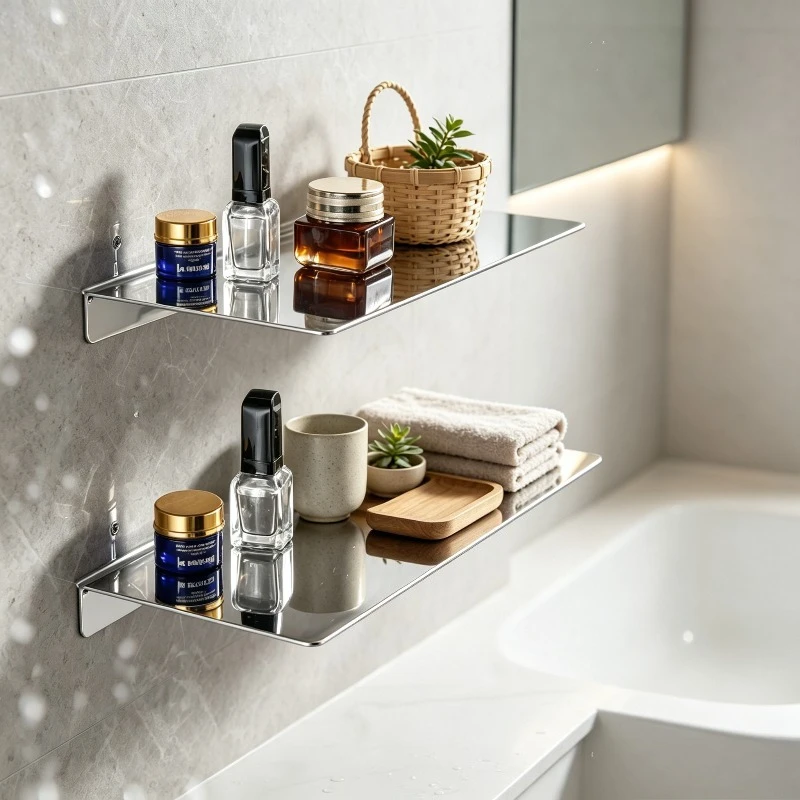 Wall Mount 304 Stainless Steel Shelf, Shower Room Storage Rack Organizer, Bathroom Mirror Tray Holder with Rust-proof Bracket.