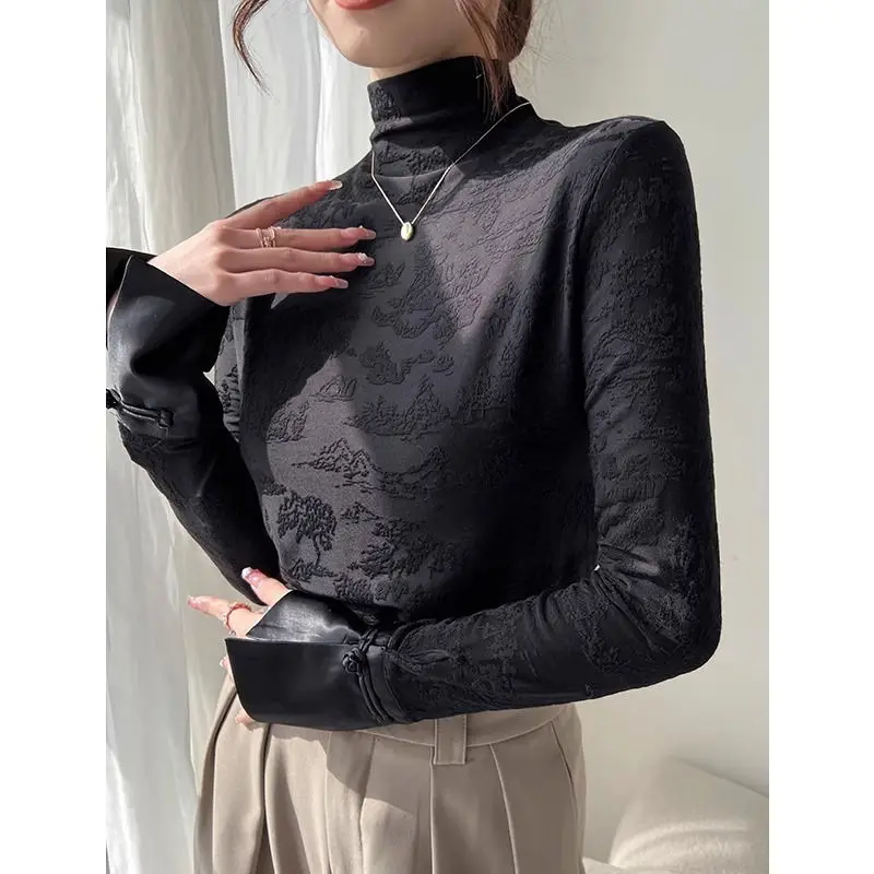 Women Clothing Chinese Style Vintage Black White Luxury Chic Basic T-shirt Office Lady Elegant High Collar Long Sleeve Slim Tops