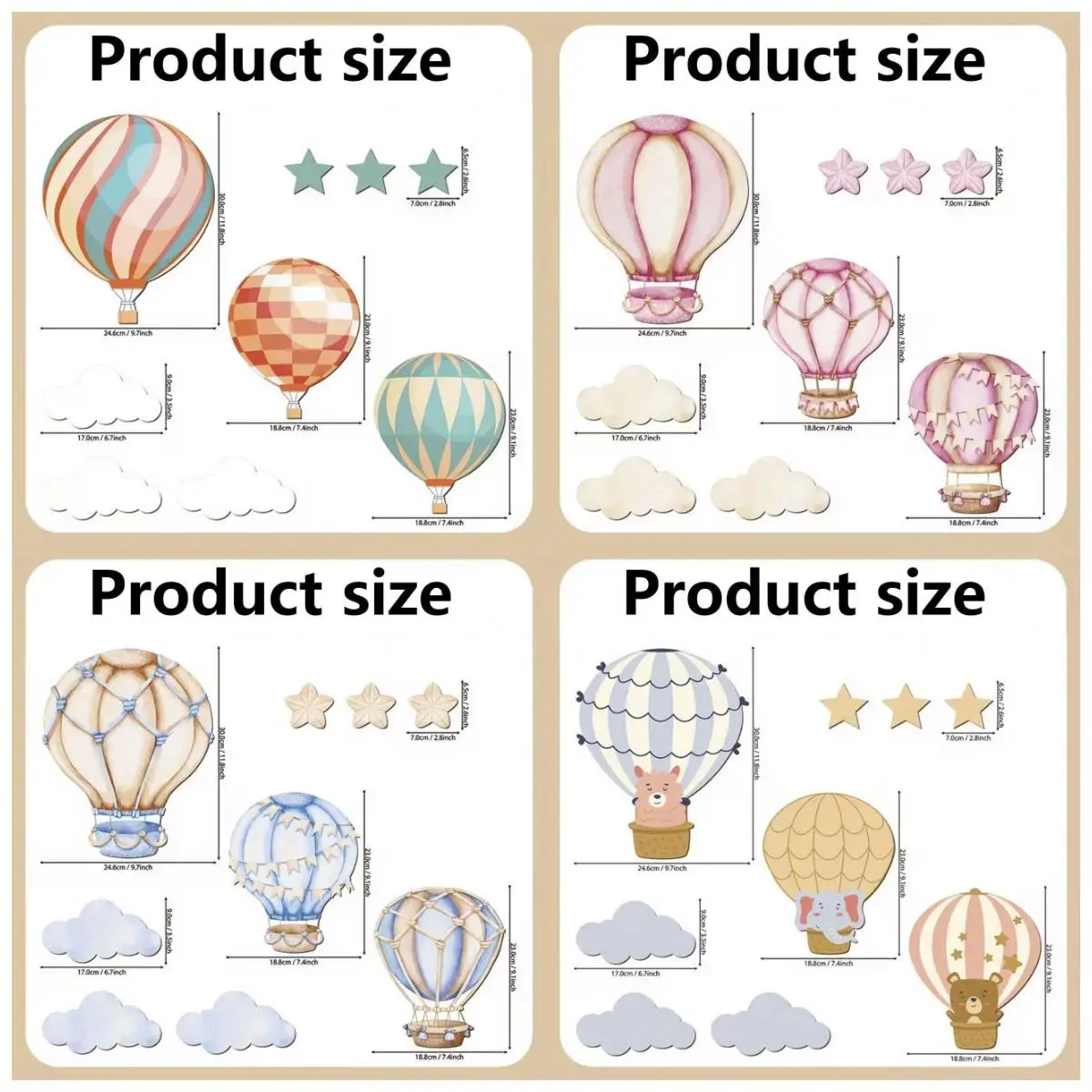 9 Pack 2D Flat Wooden Hot Air Balloon Cloud Star Wall Decor With Nano Tape Drill Free Nursery Wall Art