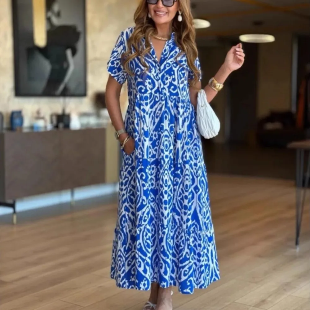 

Retro Printed Party Dress Women's Sexy V-neck Summer Short Sleeved New Dress Printed Pocket Casual Loose Dress