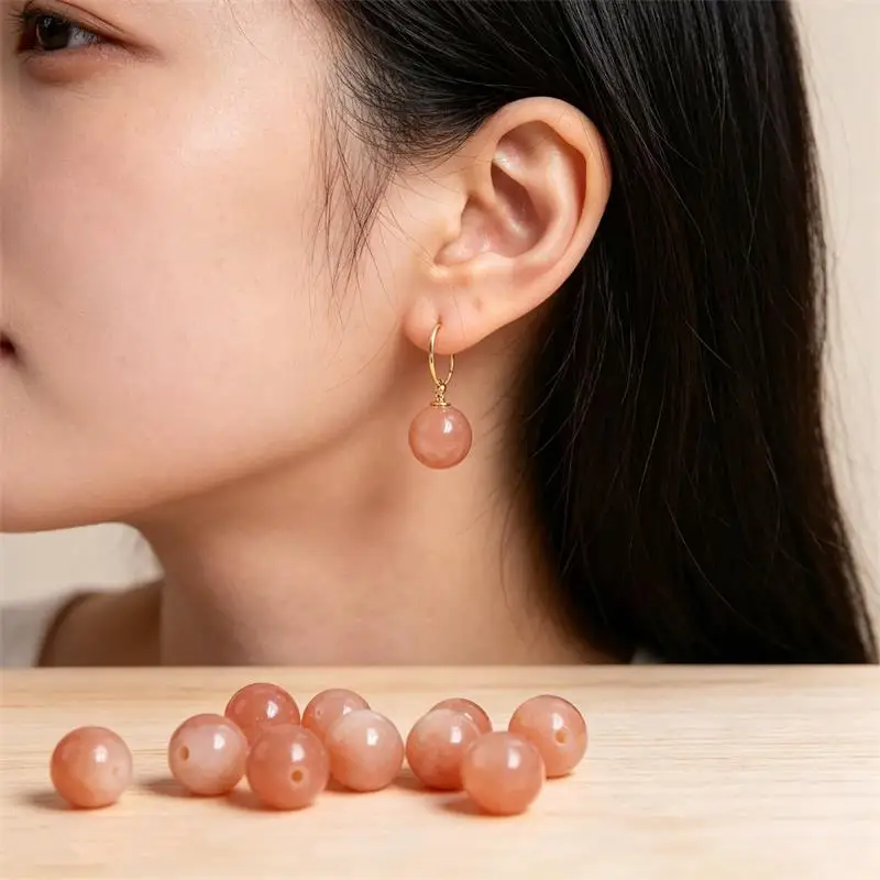 4pcs Half Drilled Sunstone Round Beads 4-10mm Loose Stones for Earrings Making Handmade Jewelry Supplies