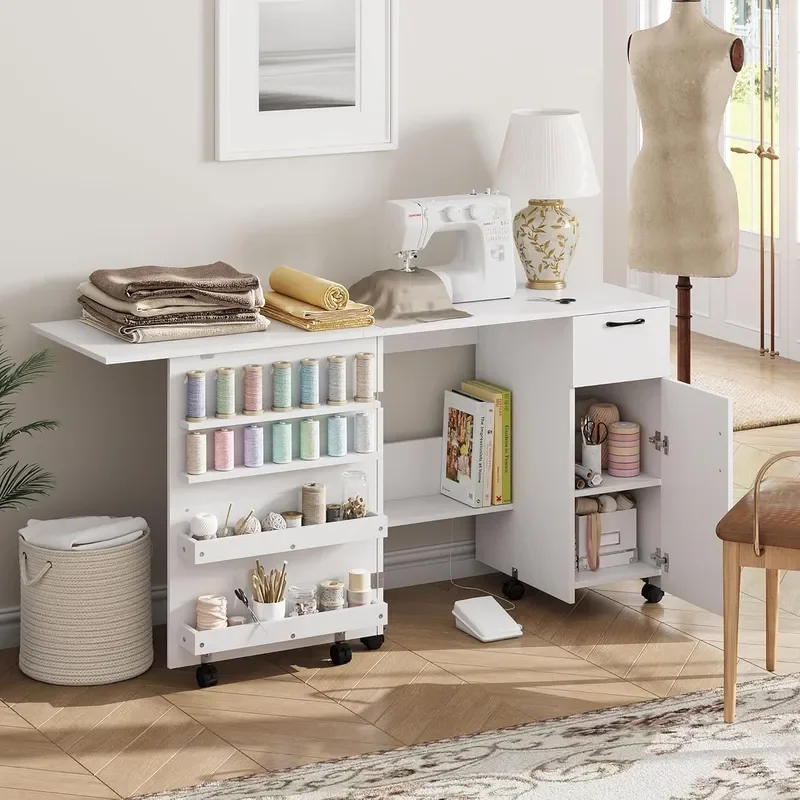 Folding Sewing Machine Table with Storage Shelves and Sliding Drawer Craft Station with Lockable Wheels Rolling Side Desk for