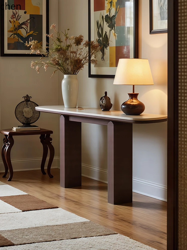 HT Wabi-Sabi Style Stone Entryway Table Hallway Wall-Mounted Ultra-Narrow Long Table Vintage Solid Wood Entryway Console