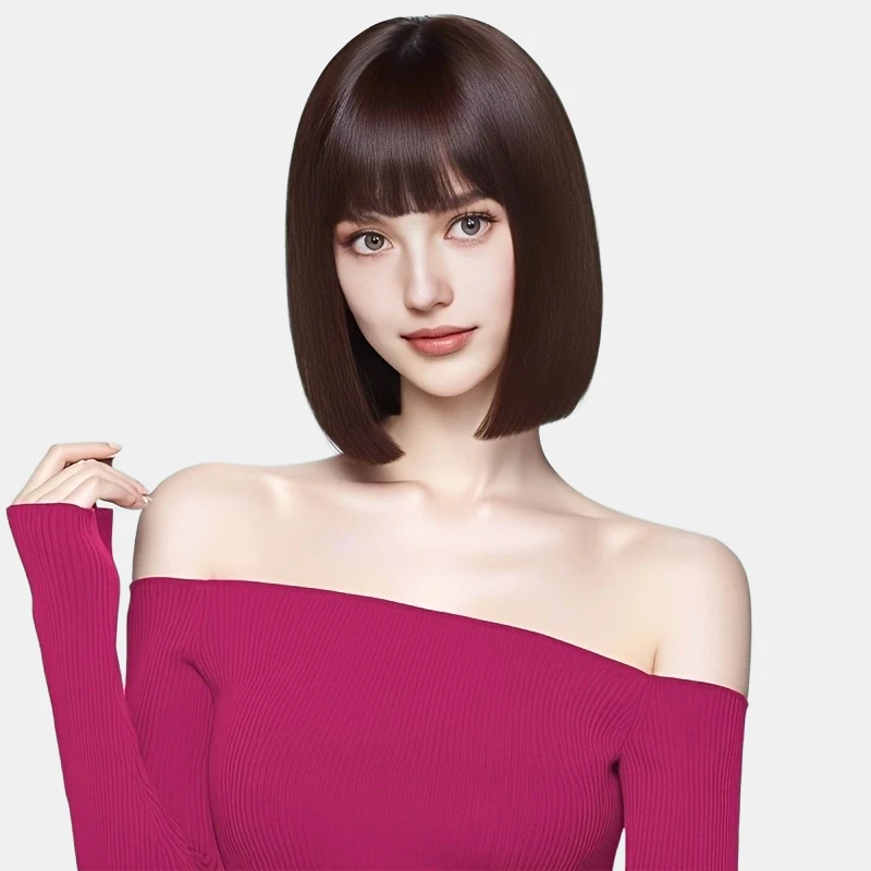 

12 inch dark brown Bob bangs wig, straight synthetic wig, comfortable to wear, suitable for daily wear, parties, and cosplay