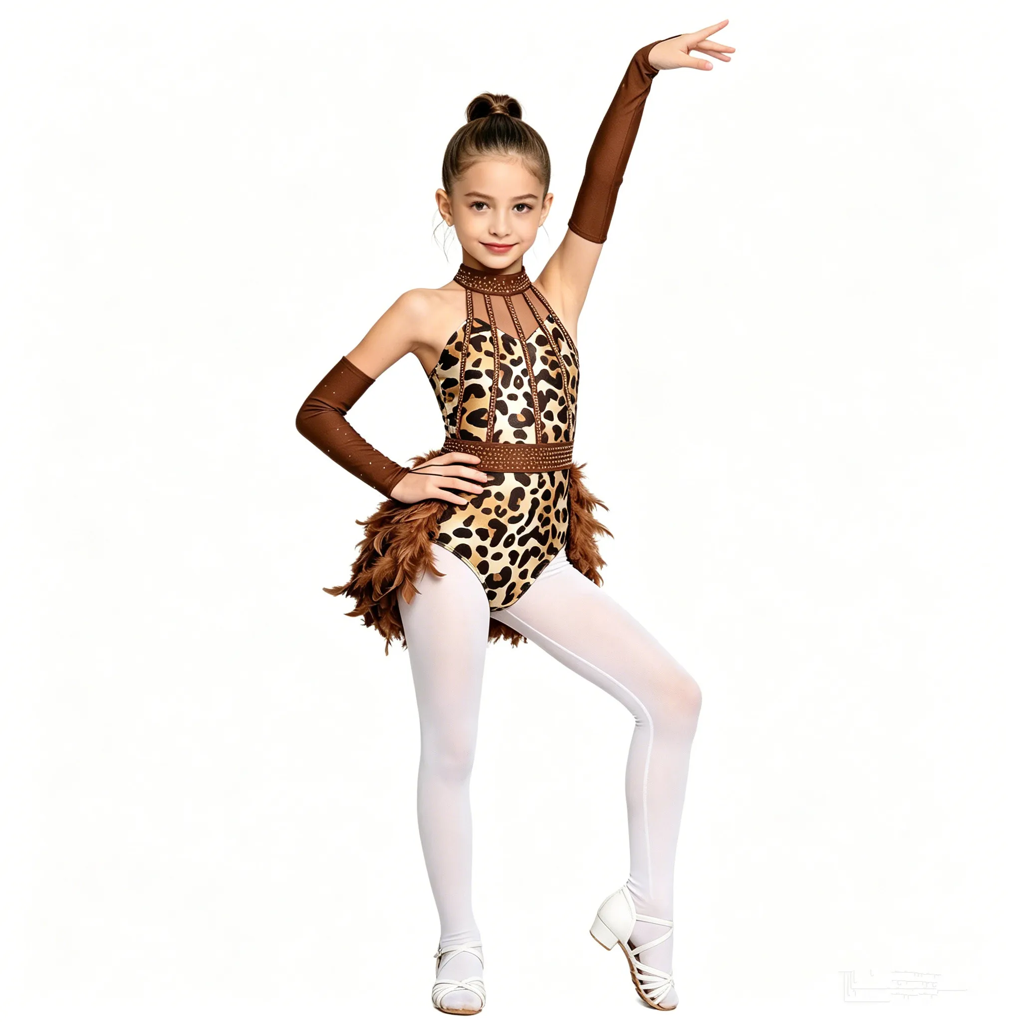 Kids Girls Figure Skating Bodysuit Dress Shiny Rhinestones Feather Tutu Leotard with Sleeves for Ballet Gymnastics Jazz Dance