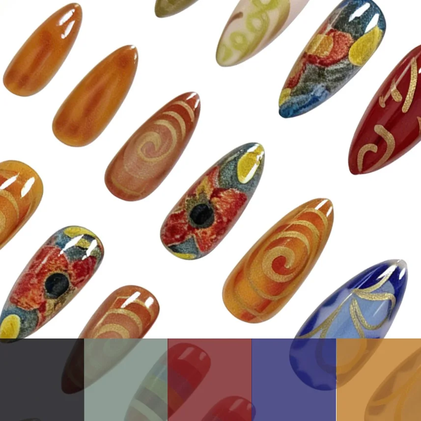 24PCSVintage Oil Painting Flower Almond Press On Nails 3D Gold Swirl Wire Transparent Gradient Aesthetic Reusable False Nail Art