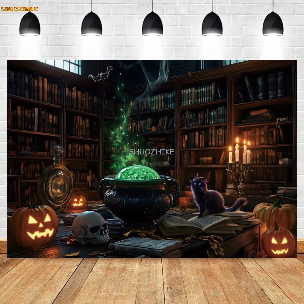 

Halloween Photography Backdrop Witch Magic Cauldron Bookshelf in Spooky Room Party Decoration Photo Background Studio Booth Prop