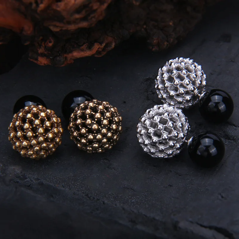 

Необычные полые серьги-гвоздики двойного назначения с диско-шариками, женские серьги-гвоздики из стерлингового серебра 925 пробы с агатовыми шариками Brincos, позолоченные креативные серьги