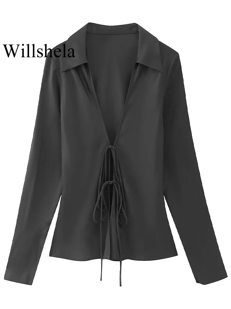 Willshela Women Fashion Satin Solid Bow Lace Up Blouse Vintage Lapel Neck Long Sleeves Female Chic Lady Shirts