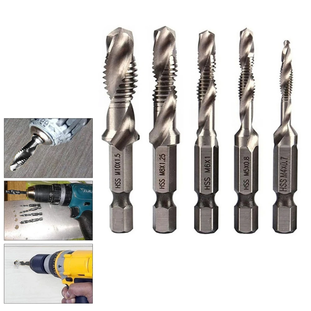 5pcs Tap Drill Bits Kit Hex Shank Thread Metric Tap HSS Screw Thread Bit Screw Machine Compound Tap For Metal Steel Woodworking