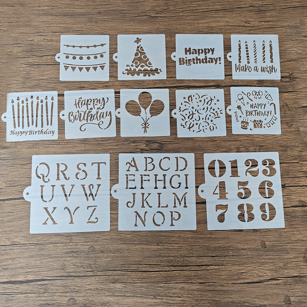12‑Pack Birthday Spray Stencils, Letters Numbers Candle Balloon Hollow‑out Templates, Powder‑Dusting Decor Tools for Cake and Co