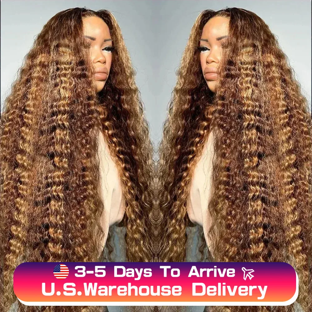 Lace Frontal Human Hair Wig Deep Wave 250Density Highlight Ombre Human Hair Wig Glueless Preplucked Human Wigs Ready to Go Curly