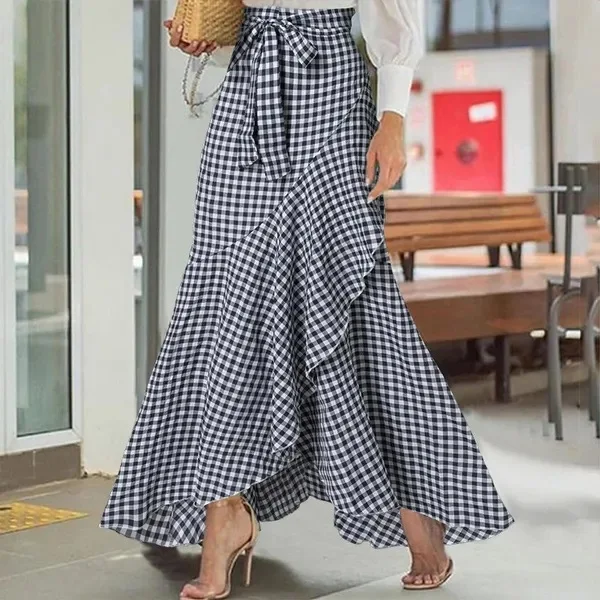 

2026 Summer Ladies New Plaid Mermaid Skirt Ruffled Irregular Hem High Waist Casual Umbrella Wrap Long Skirt