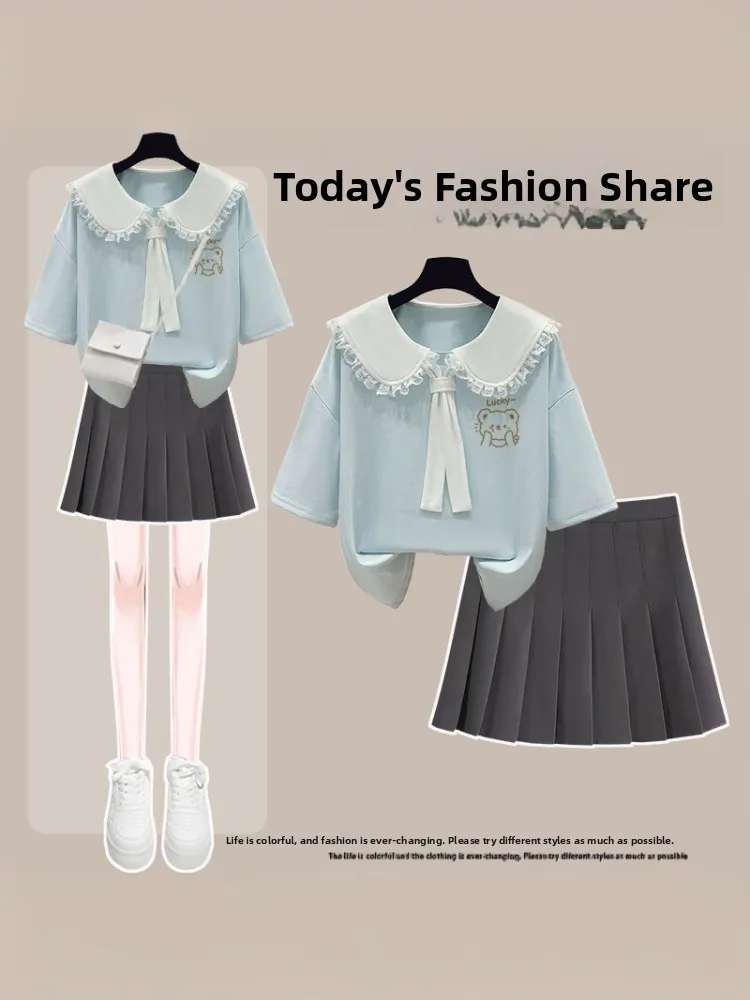 

Summer New Style Navy Collar Short Sleeve T-Shirt Skirt Set Women's College Style Fashionable Cotton Two-Piece Suit for Teens
