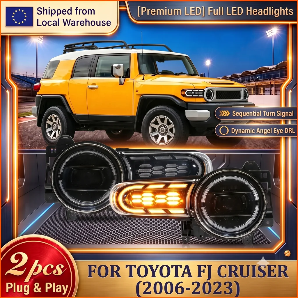 2 Stück LED-Scheinwerfer 2 Stück Montage für Toyota FJ Cruiser 4x4 2006-2023 Dynamisches Angel Eye Halo DRL Sequentieller Amber-Blinker Fern- und Abblendlicht Voll-LED-Scheinwerfer Plug-and-Play IP67
