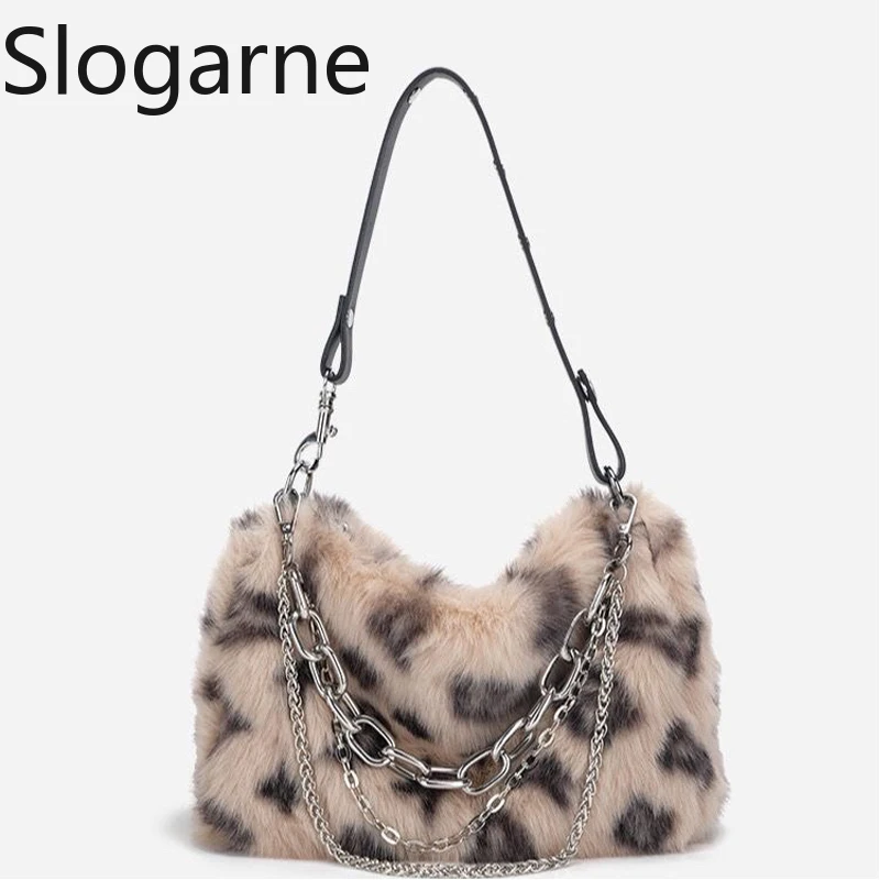 Зимние сумки с цепочкой, женские новые сумки на плечо из искусственного меха с леопардовым принтом, женские дневные клатчи с леопардовым принтом, вечерние сумки с пушистой верхней ручкой