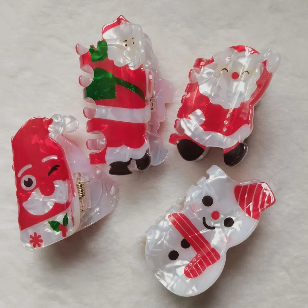 Sweet Acrylic Red Cap Claw Clip Bearded Santa Claus Creative Christmas Hair Claw Headwear Cartoon Snowman Hairpin Xmas