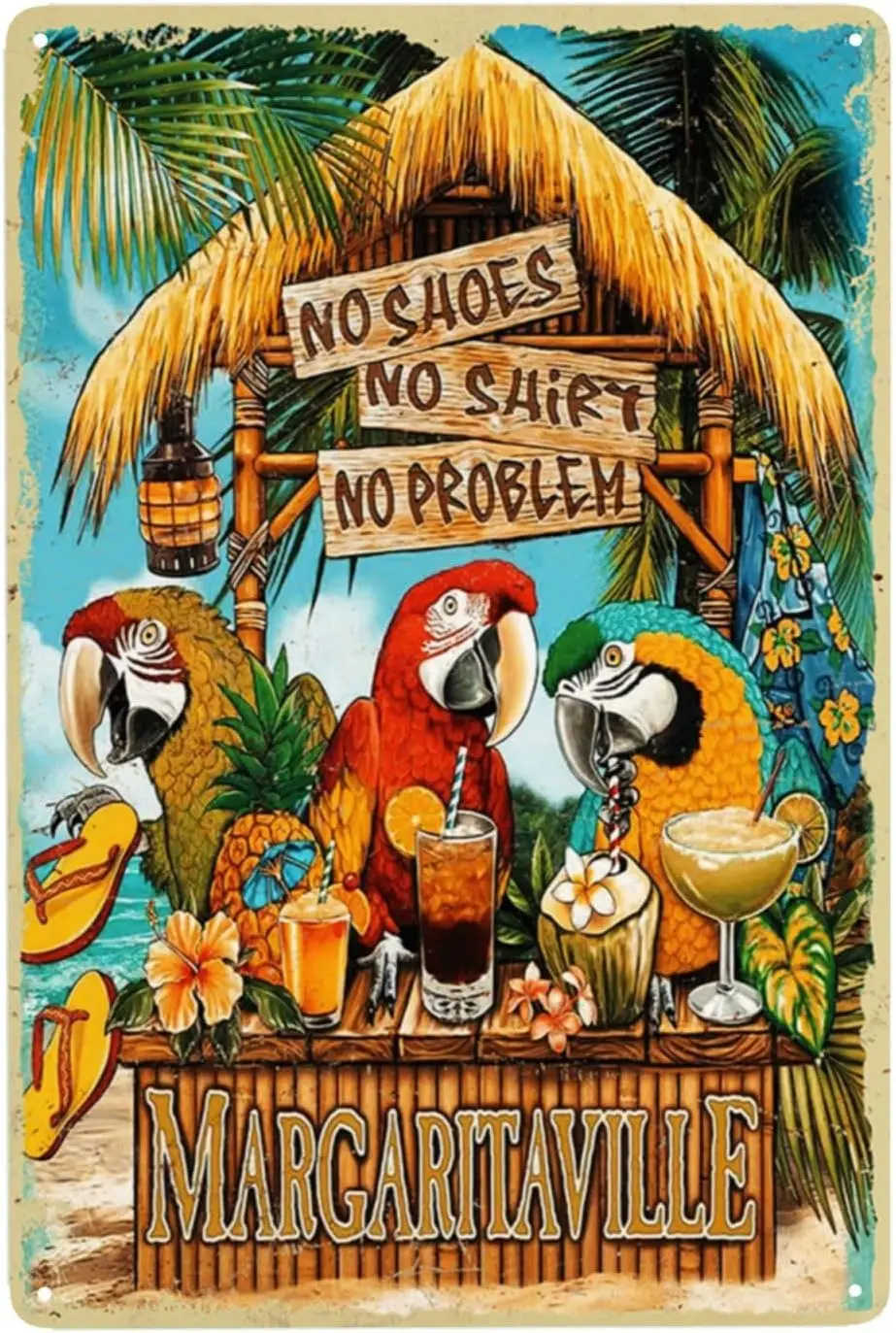 No Shoes No Shirt No Problem Parrot Vintage Metal Sign, Beach Posters Tin Sign, Funny Unique Decor for Bathroom Holiday Farmhous