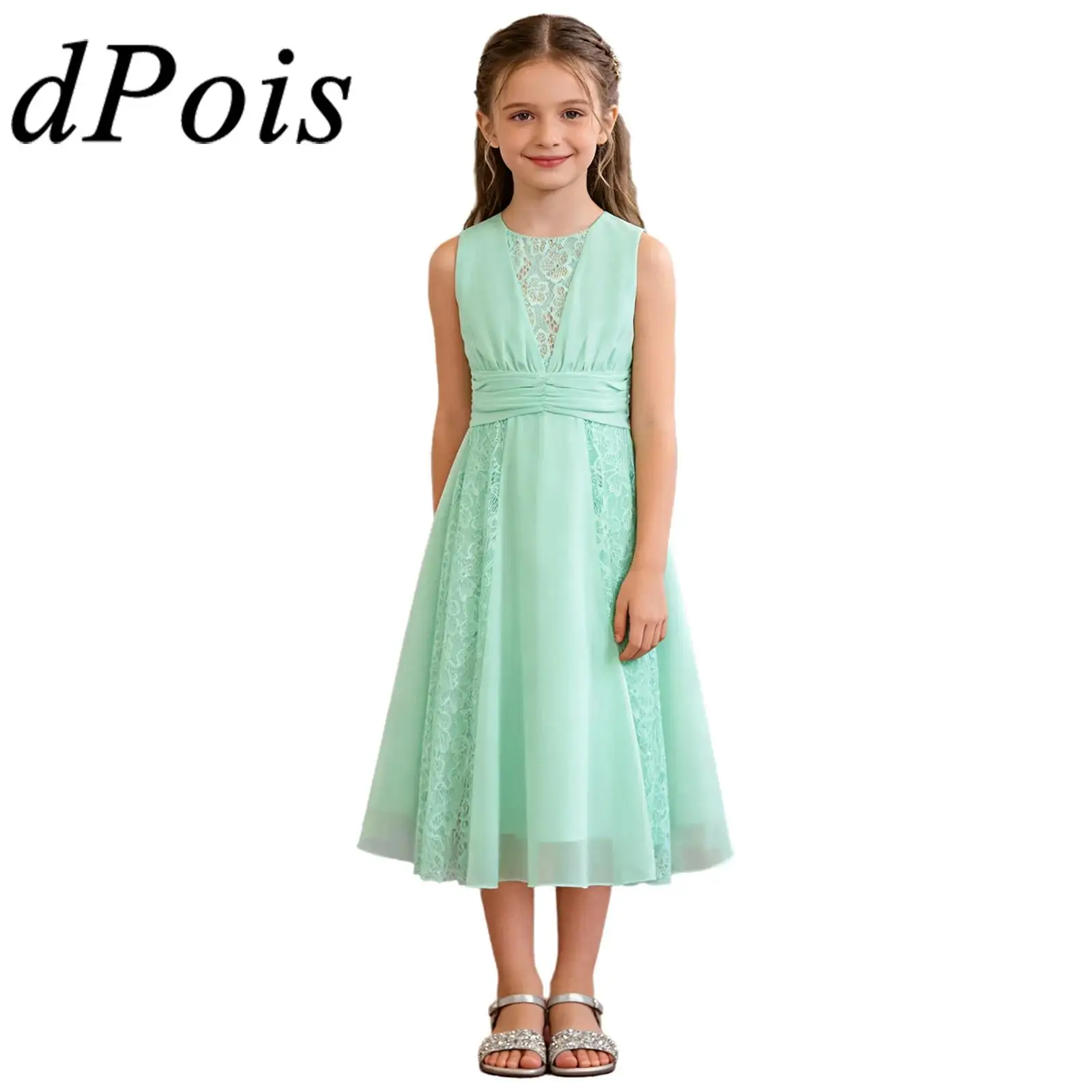 

Элегантное платье для девочек, современный костюм для лирического танца, шифоновое платье средней длины с цветочным кружевом и вставками, без рукавов, для вечеринок