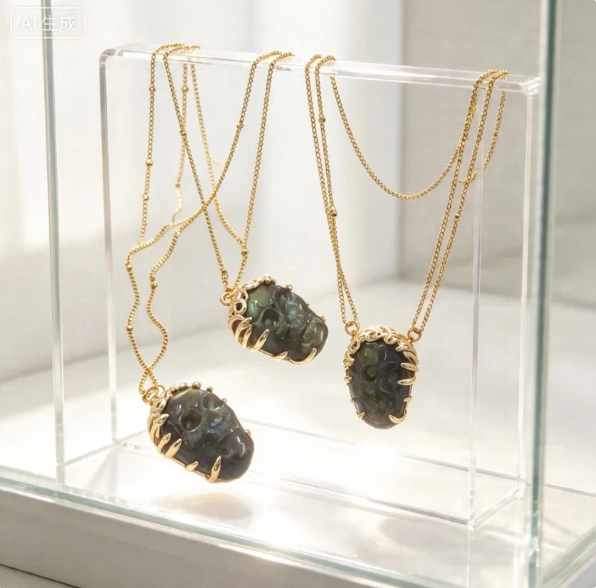 WT-N1462 New Arrival Special Skull Shape Labradorite Stone 18k Gold Plated For Rock Or Hip-Hop Lovers Unique Necklace