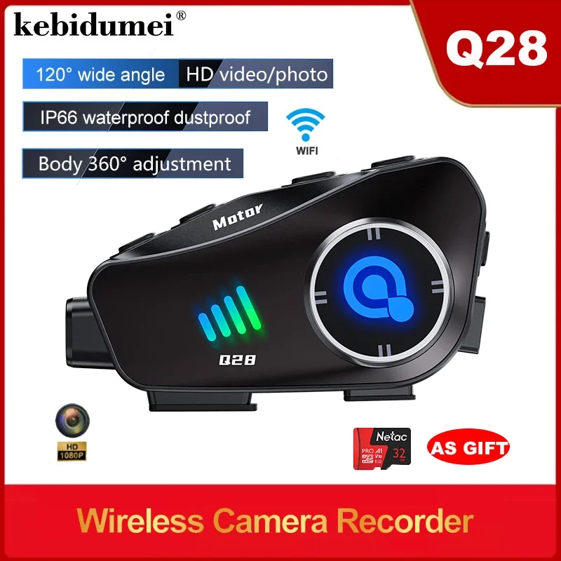 

Мотоциклетная Bluetooth-гарнитура Q28 для шлема: водонепроницаемые беспроводные наушники с функцией громкой связи, видеорегистратор 1080P DVR, Wi-Fi, запись видео на TF-карту