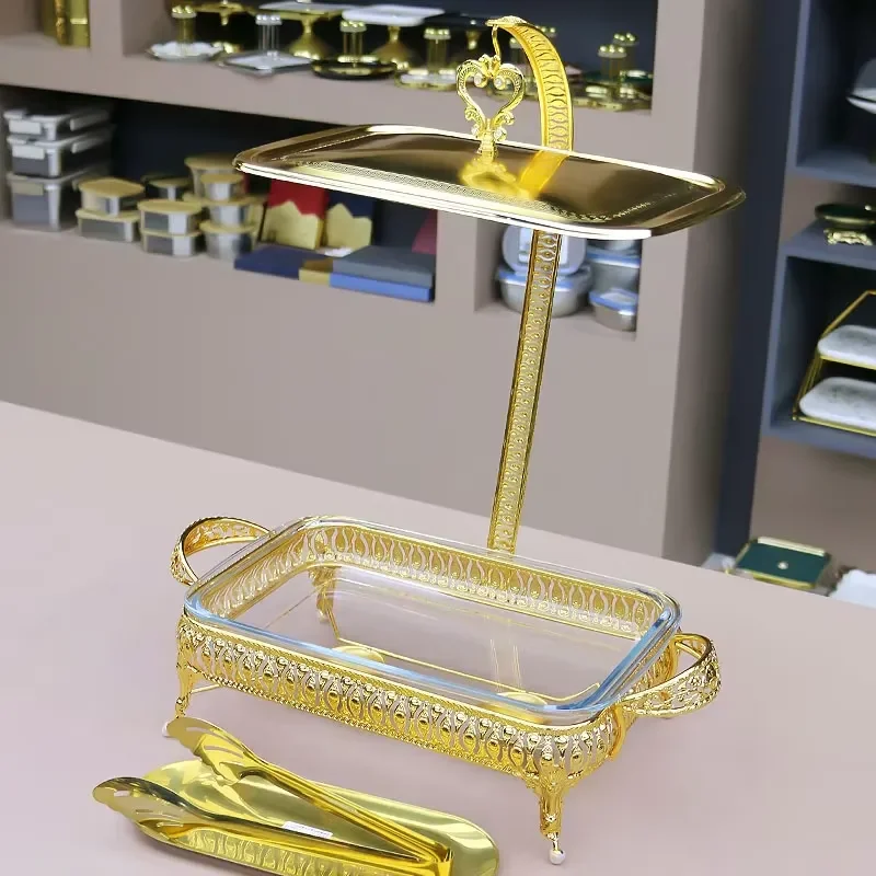 High quality stainless steel rectangular buffet fire boiler gold alcohol stove glass basin glass catering food warmer