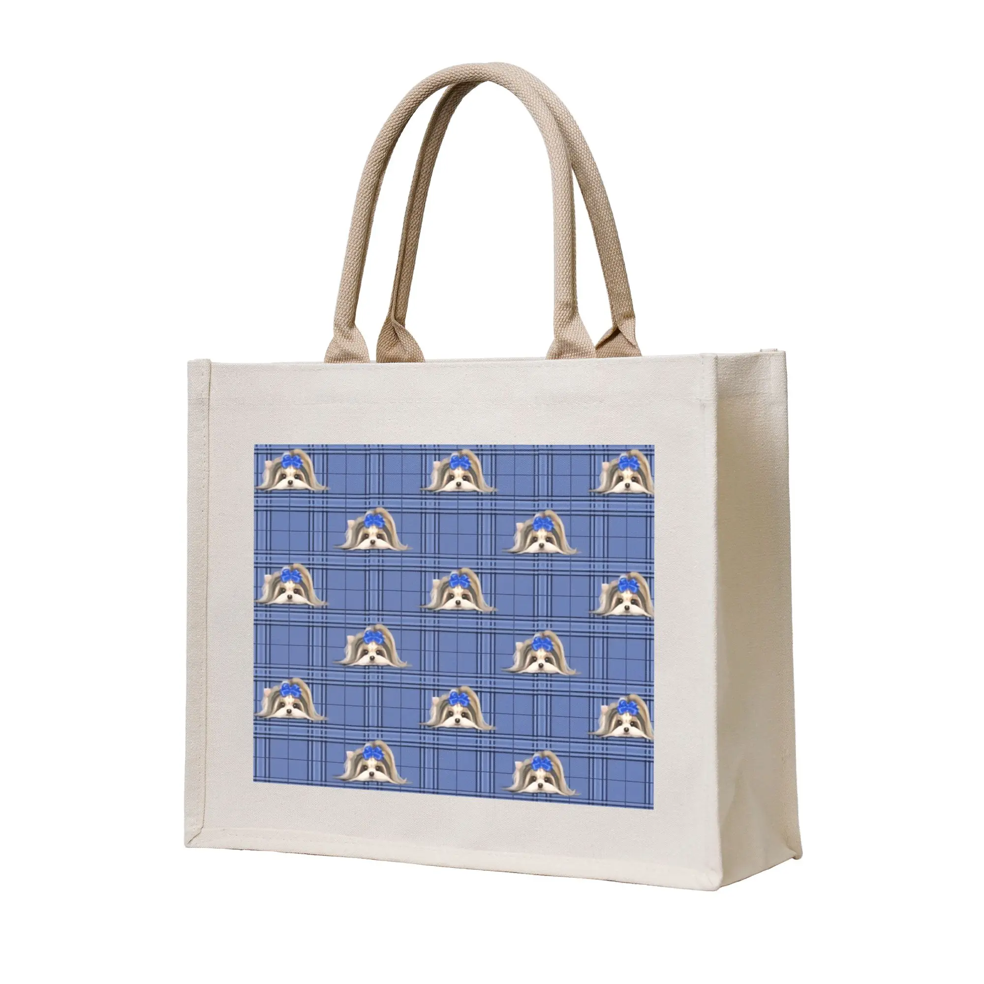 Custom Yorke Dog Yorkshire Terrier Yorkie Plaid Blue  Shopping Bag Women Portable Large Capacity Grocery  Shopper Tote Bags