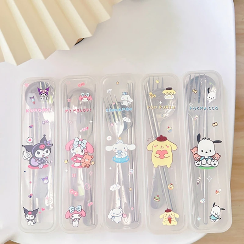 

Sanrio Spoon Fork Chopsticks 3 Piece Set Cute Kuromi Pompompurin Hello Kitty Stainless Steel Child Tableware Kitchen Supplies