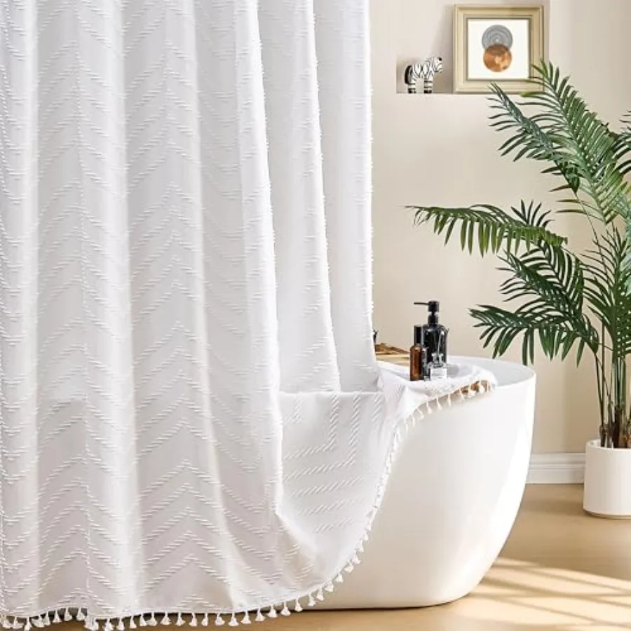 

White Shower Curtain Fabric Boho Shower Curtain Cloth Textured Tufted Chevron Elegant Shower Curtains Waterproof for Bathroom 7