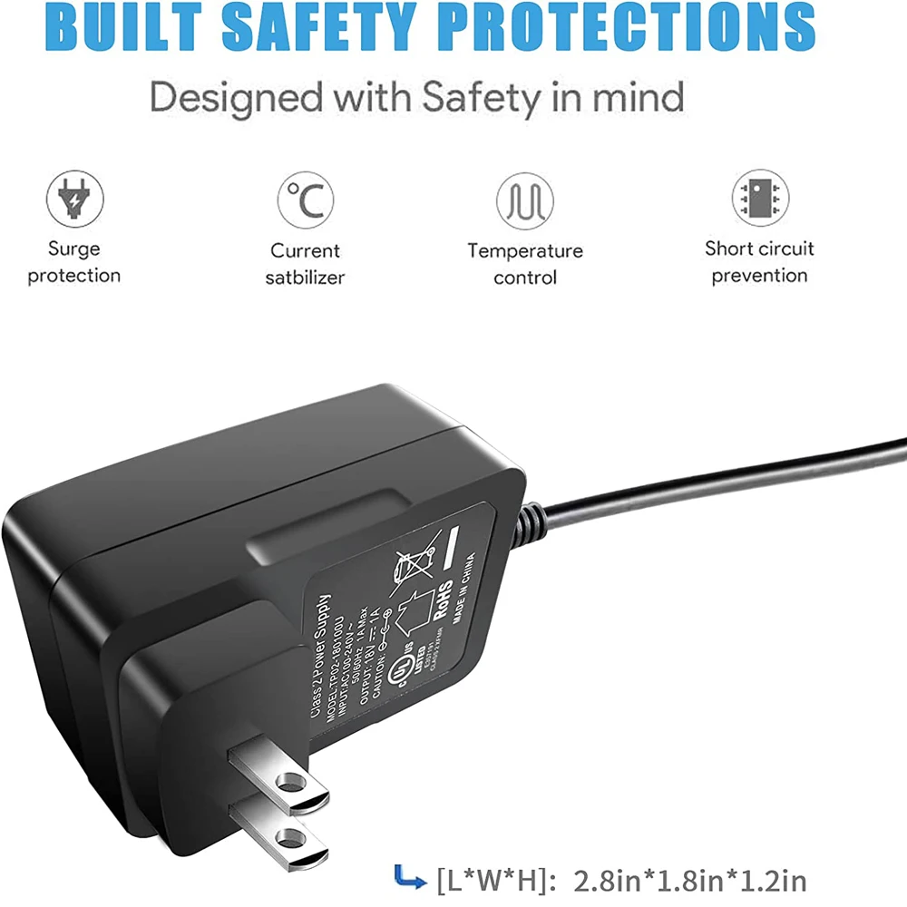 18V 1A Power Supply Adapter， Wall Charger 5.5x2.1mm DC Plug ,for DC Fan Humidifier Bluetooth Speaker Sound bar Subwoofer