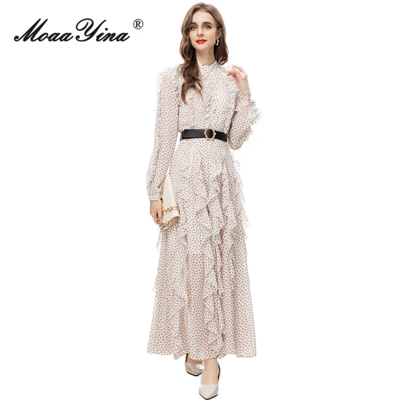 MoaaYina Autumn Fashion Designer Vintage Floral Print Dress Women's Stand Collar Ruffles Sashes Gathered Waist Slim Long Dresses