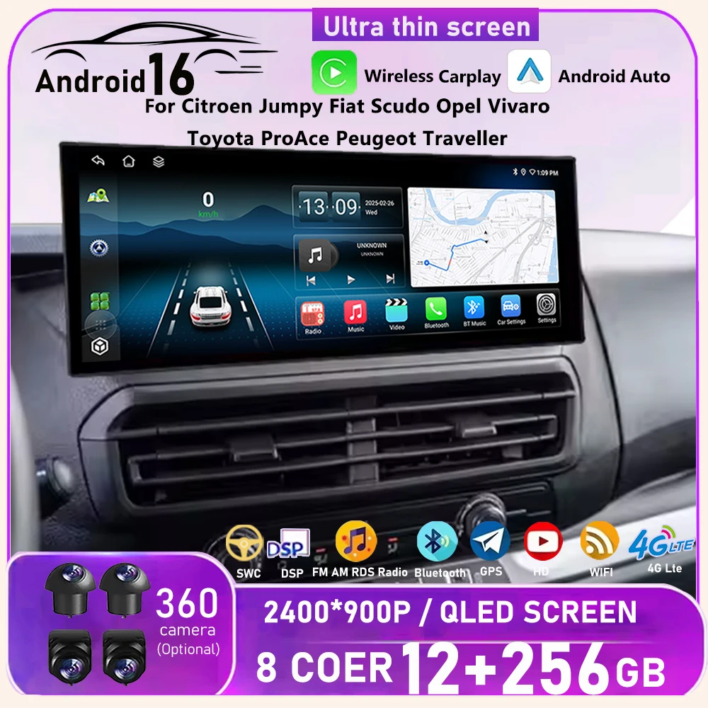 For Citroën Jumpy Fiat Scudo Opel Vivaro Toyota ProAce Peugeot Traveller Expert Android 16 Car Video Player GPS 4G BT HD Screen