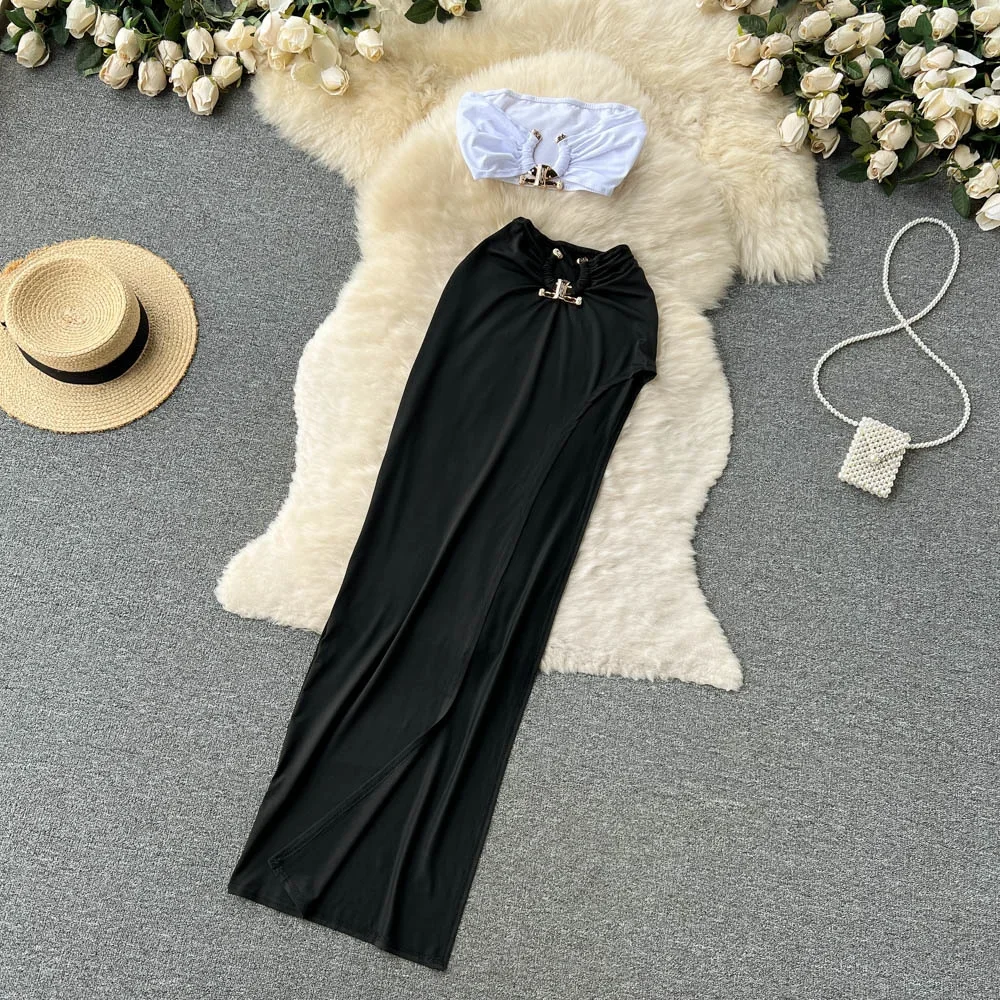 Foamlina Women Fashion Summer Clothing Sets 2023 Sexy Two Piece Set Strapless Crop Top Elastic Waist High Split Long Skirt Suits