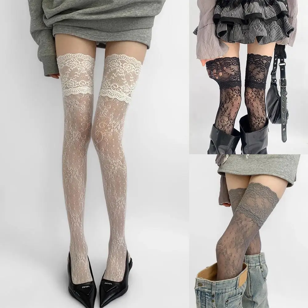 

Over Knee Long Socks Lace Trim Frilly Fishnet Thigh High Stockings High Lace Stockings Solid Color Long Leg Fashion Boot Socks