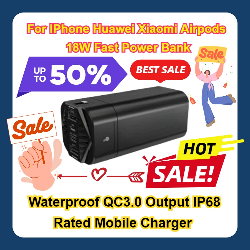 For IPhone Huawei Xiaomi Airpods 18W Fast Power Bank Waterproof QC3.0 Output IP68 Rated Mobile Charger 20000mAh