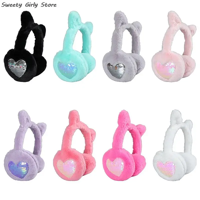 Girls Winter Warm Earmuffs Fashion Plush Headphones Lovely Cat Ear Earflaps Sequins Ear Cover Caps Soft Plush Earphone Headwear